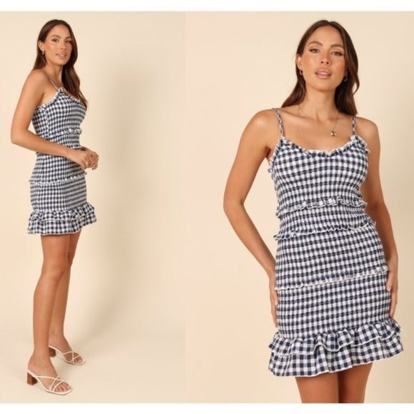 Petal & Pup Dresses & Skirts - Petal & Pup X MABLE | NEW Ileena Shirred Frill Mini Dress in Ginham Navy Size M